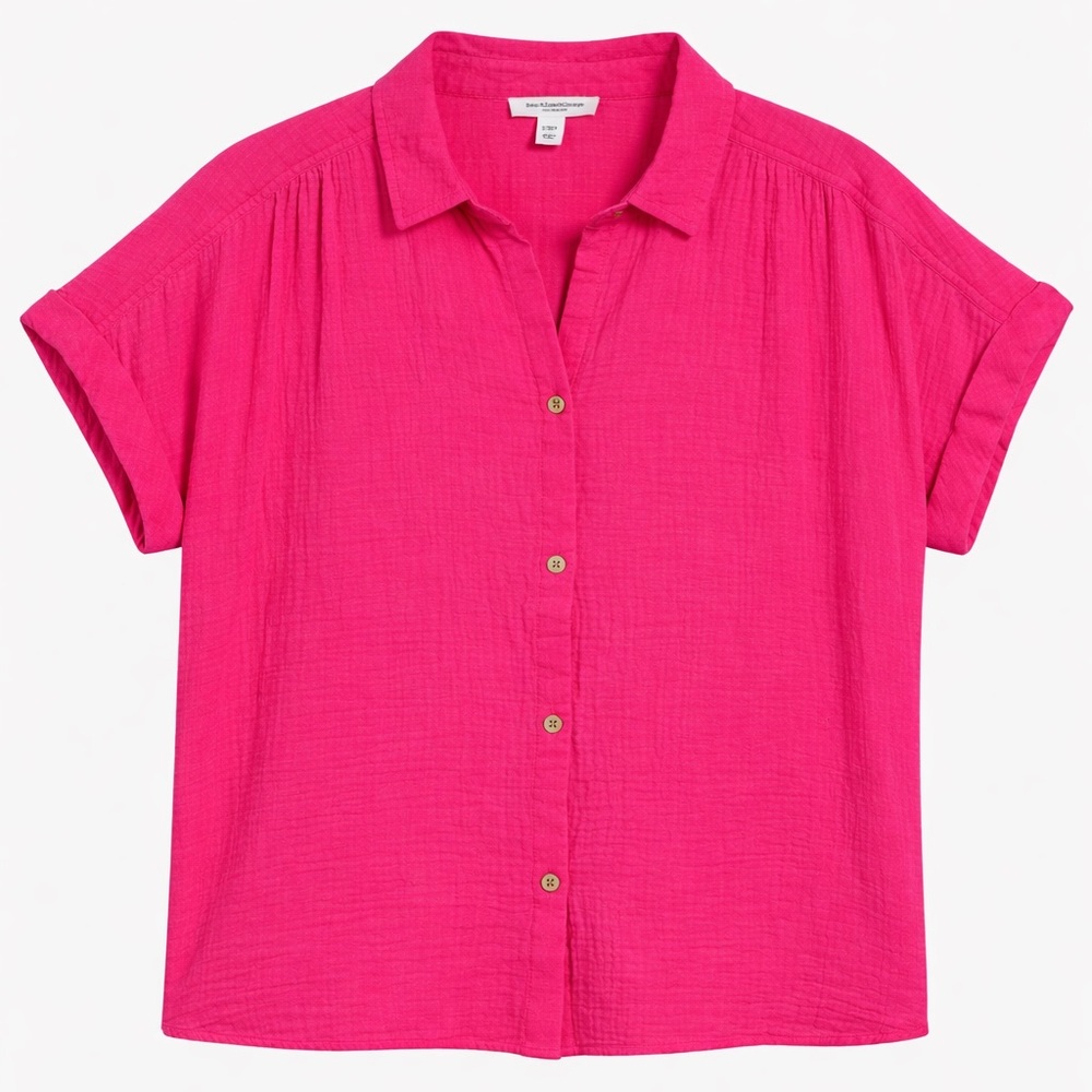 beachlunchlounge Pink Textured Button-Up Shirt Cover Up 100% Cotton Relaxed Fit